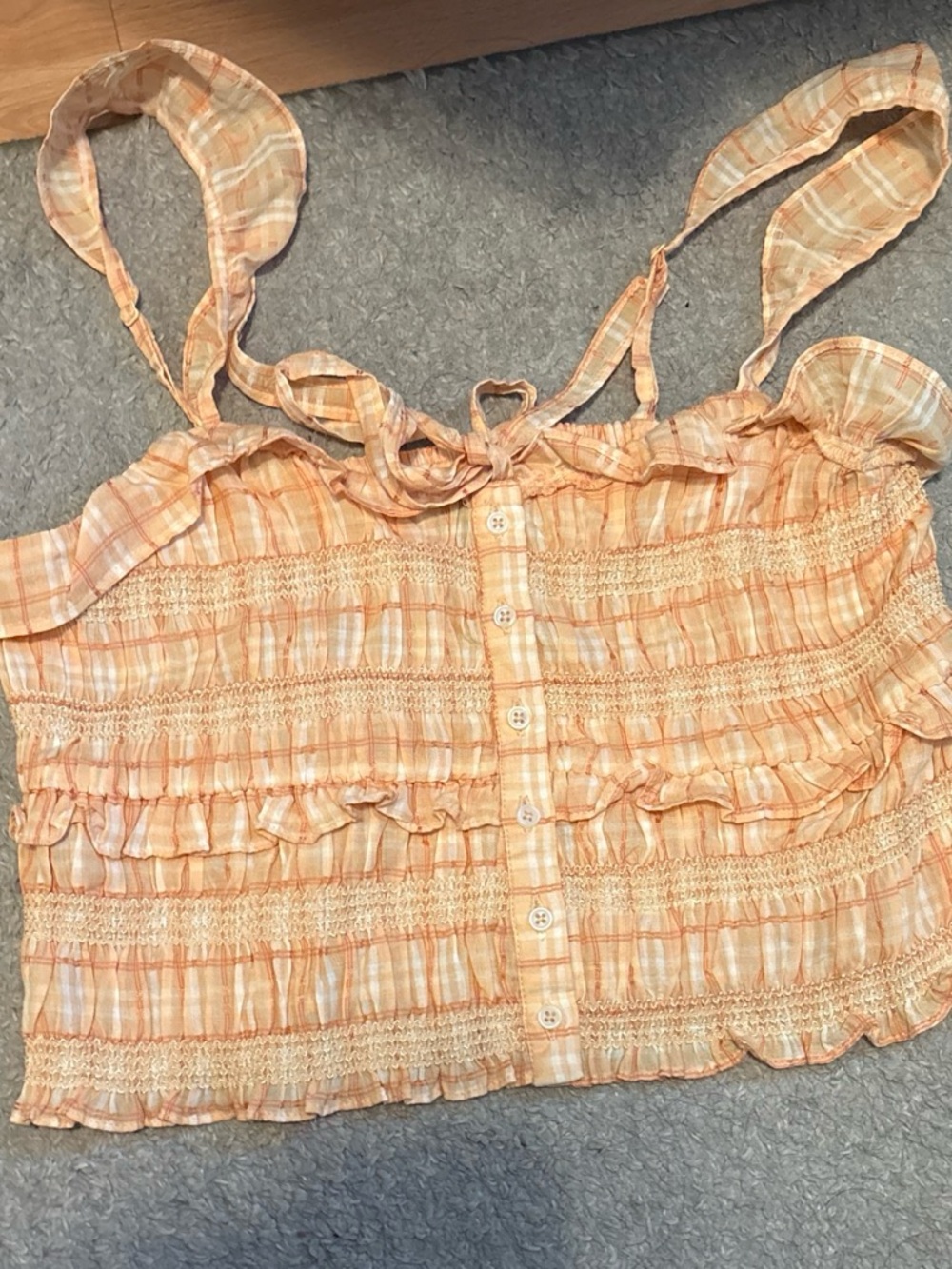 American Eagle Outfitters Peach Plaid Smocked Tie-Strap Crop Top